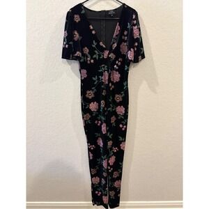 The Moon Floral Embroidered Velvet Jumpsuit Black Pink V-Neck Flutter Sleeve
